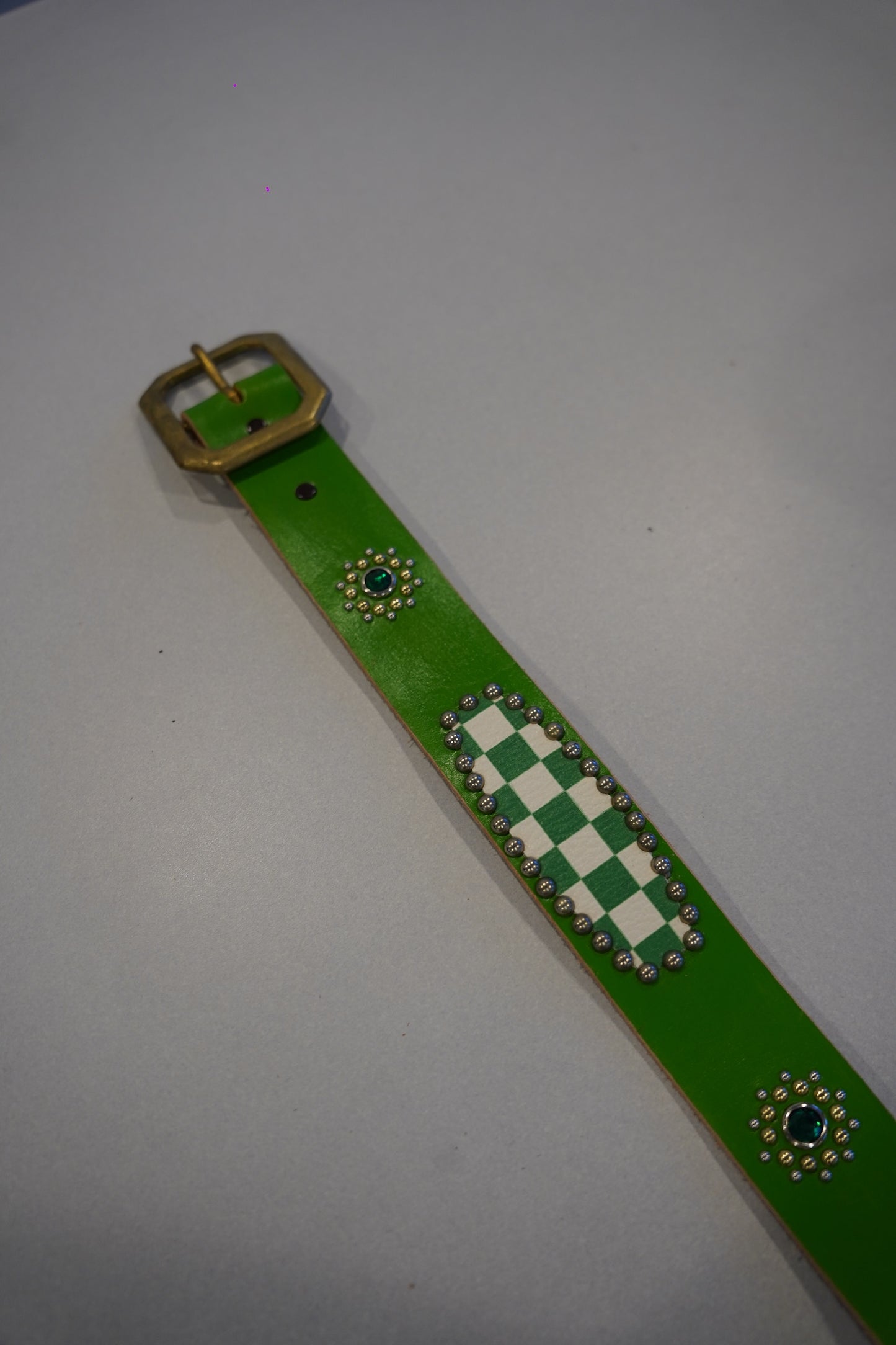 Vintage Green Checkered Studded Leather Belt