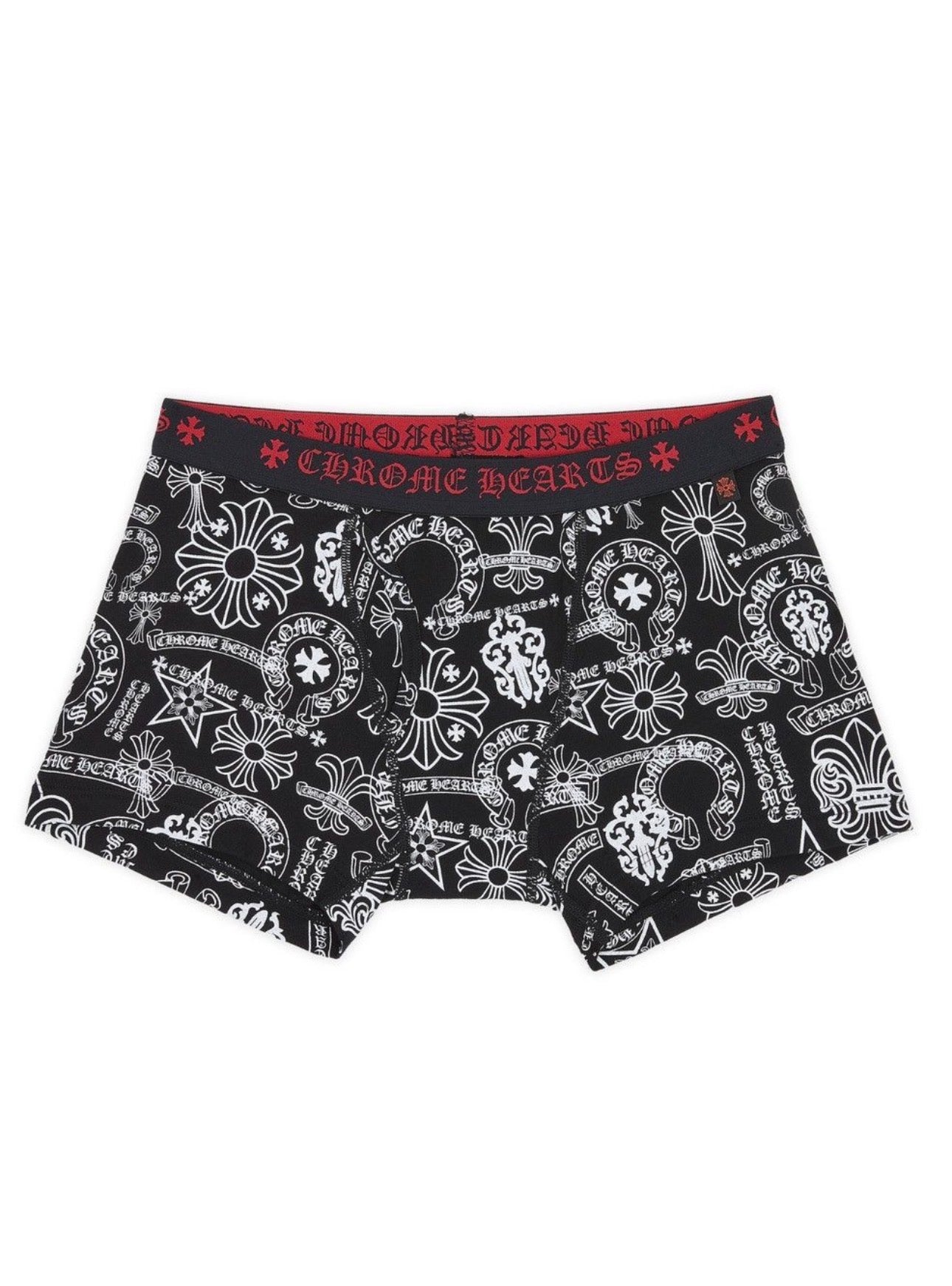Chrome Hearts mixed motif boxer brief in black with allover white cross dagger print and red logo waistband