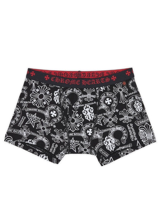 Chrome Hearts mixed motif boxer brief in black with allover white cross dagger print and red logo waistband