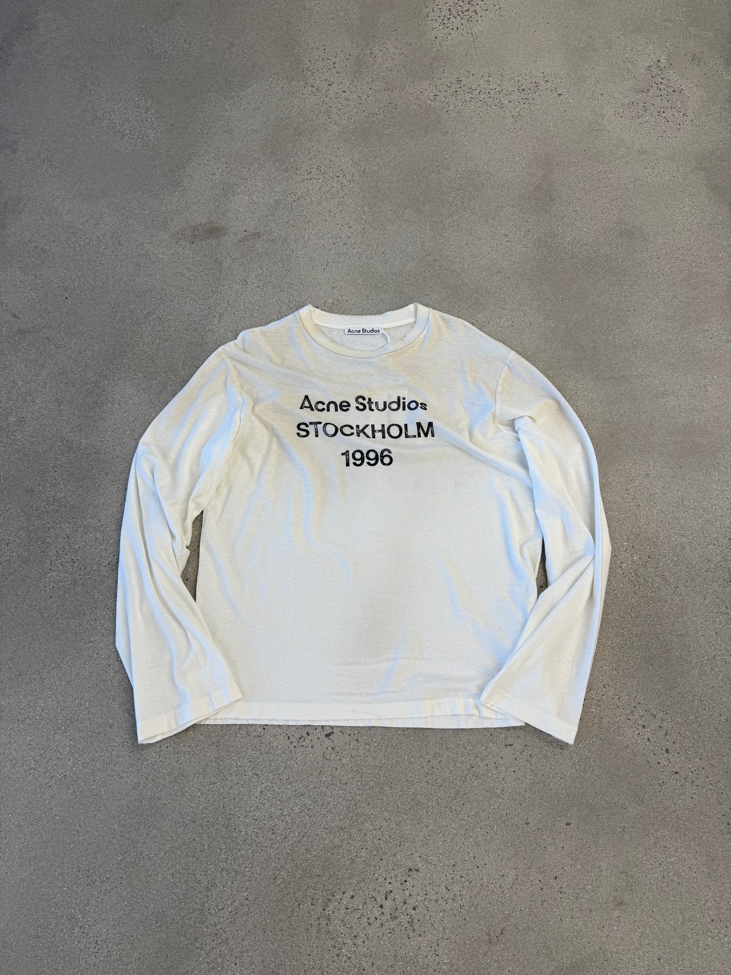 Acne Studios white logo longsleeve front, soft cotton tee with chest logo print detail