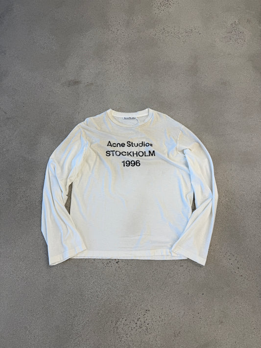 Acne Studios white logo longsleeve front, soft cotton tee with chest logo print detail