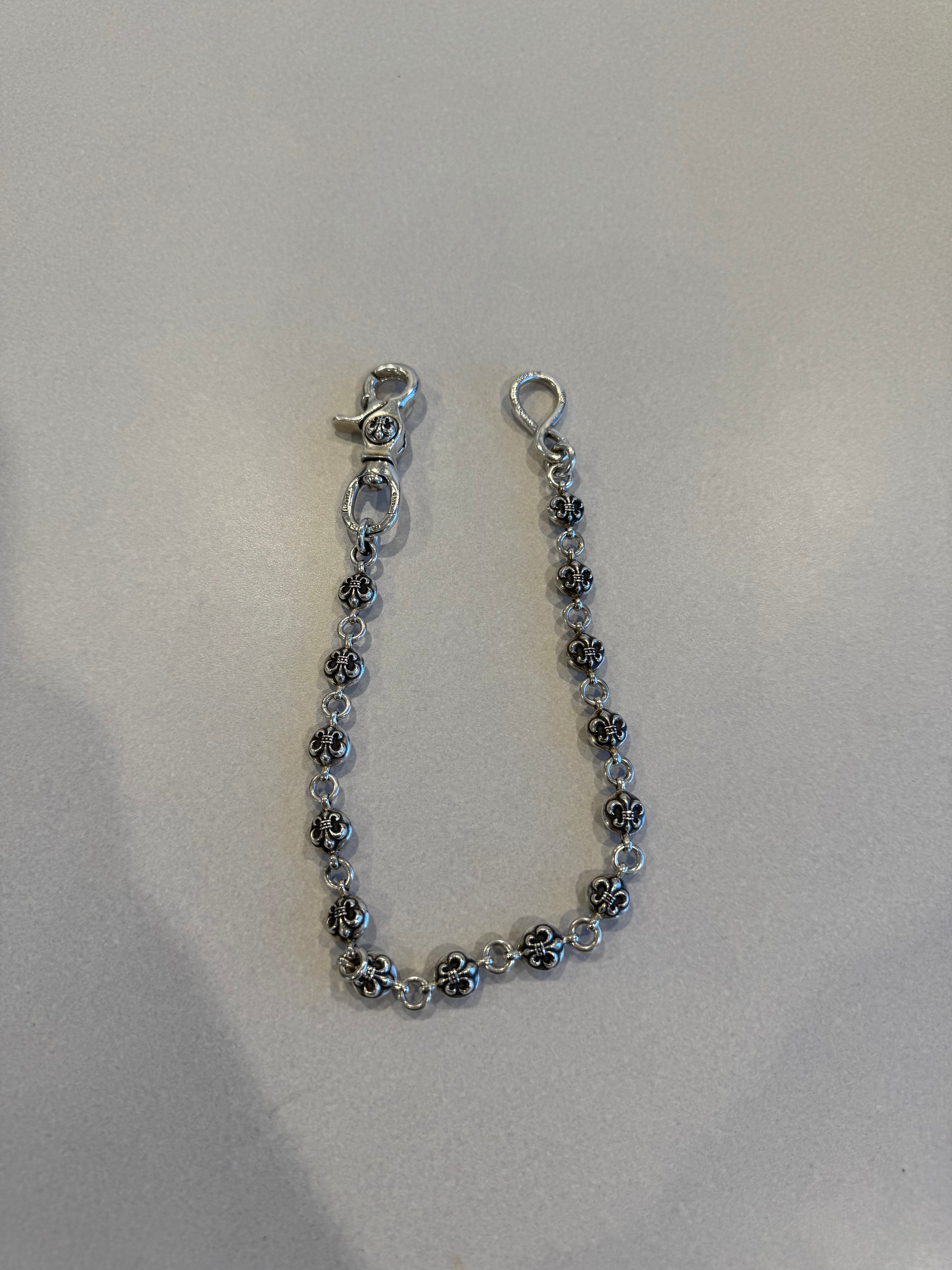 Chrome Hearts sterling silver Fleur ball wallet chain with floral engraved beads and lobster clasp ends