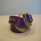 Vintage purple leather belt coiled with snakeskin wing inlays, silver bead studs and antique brass buckle