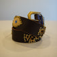 Vintage coiled brown leather belt with brass studs, blue gem accents and cheetah print hair-on calfskin patches