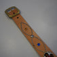 Vintage cream studded leather belt extended with brass buckle, beaded teardrop motifs and colored rhinestones.