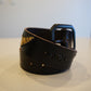 Vintage black leather belt with winged motif, cheetah print panel and metal pyramid studs