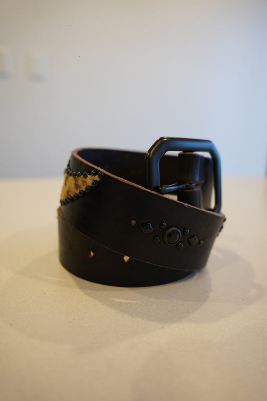 Vintage black leather belt with winged motif, cheetah print panel and metal pyramid studs