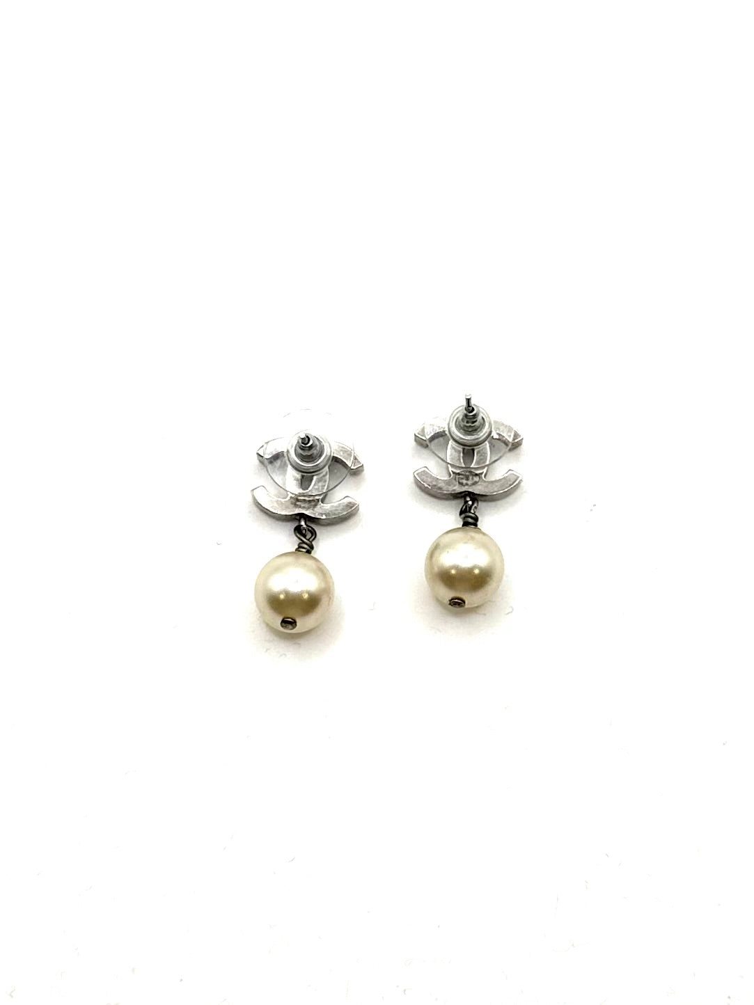 Chanel Silver Pearl CC Logo Earrings