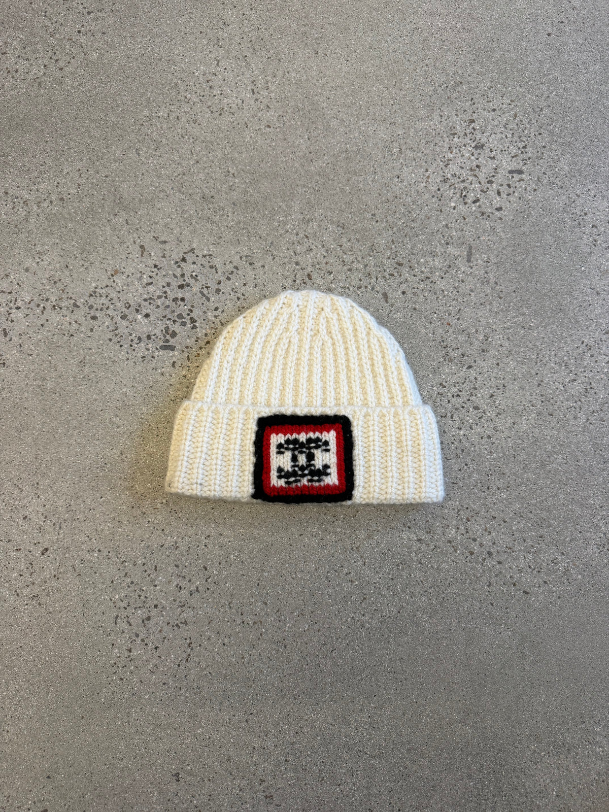 Chanel Cream CC Square Emblem Ribbed Knit Cashmere Beanie