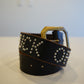 Vintage black leather studded belt with orange Fuck Off text print and silver pyramid stud detailing