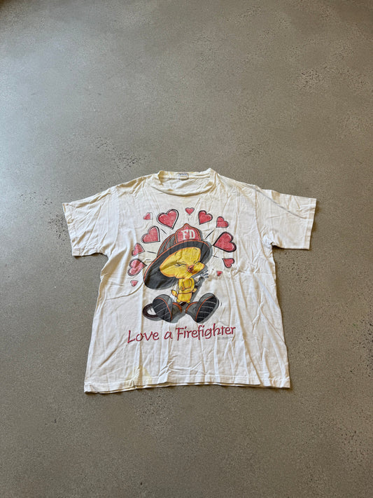 Vintage Looney Tunes Tweety Bird Love a Firefighter Tee