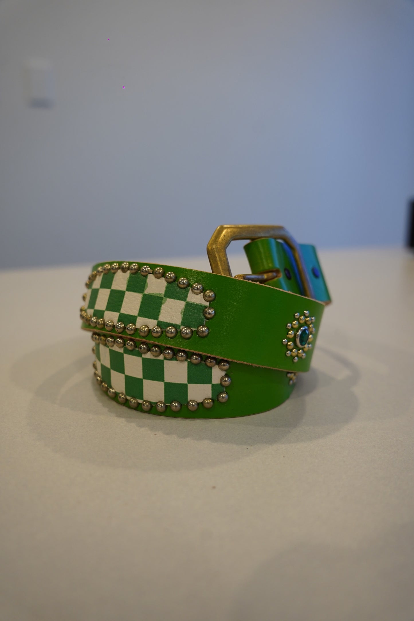 Vintage Green Checkered Studded Leather Belt