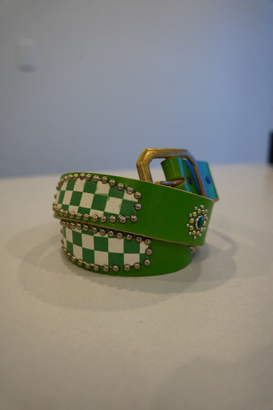 Vintage Green Checkered Studded Leather Belt