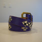Vintage coiled purple leather belt with brass buckle, silver square studs and black-white checker studded diamonds.