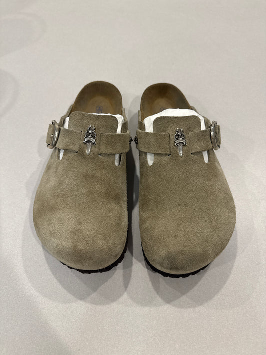Chrome Hearts Taupe Suede Birkenstock Clogs