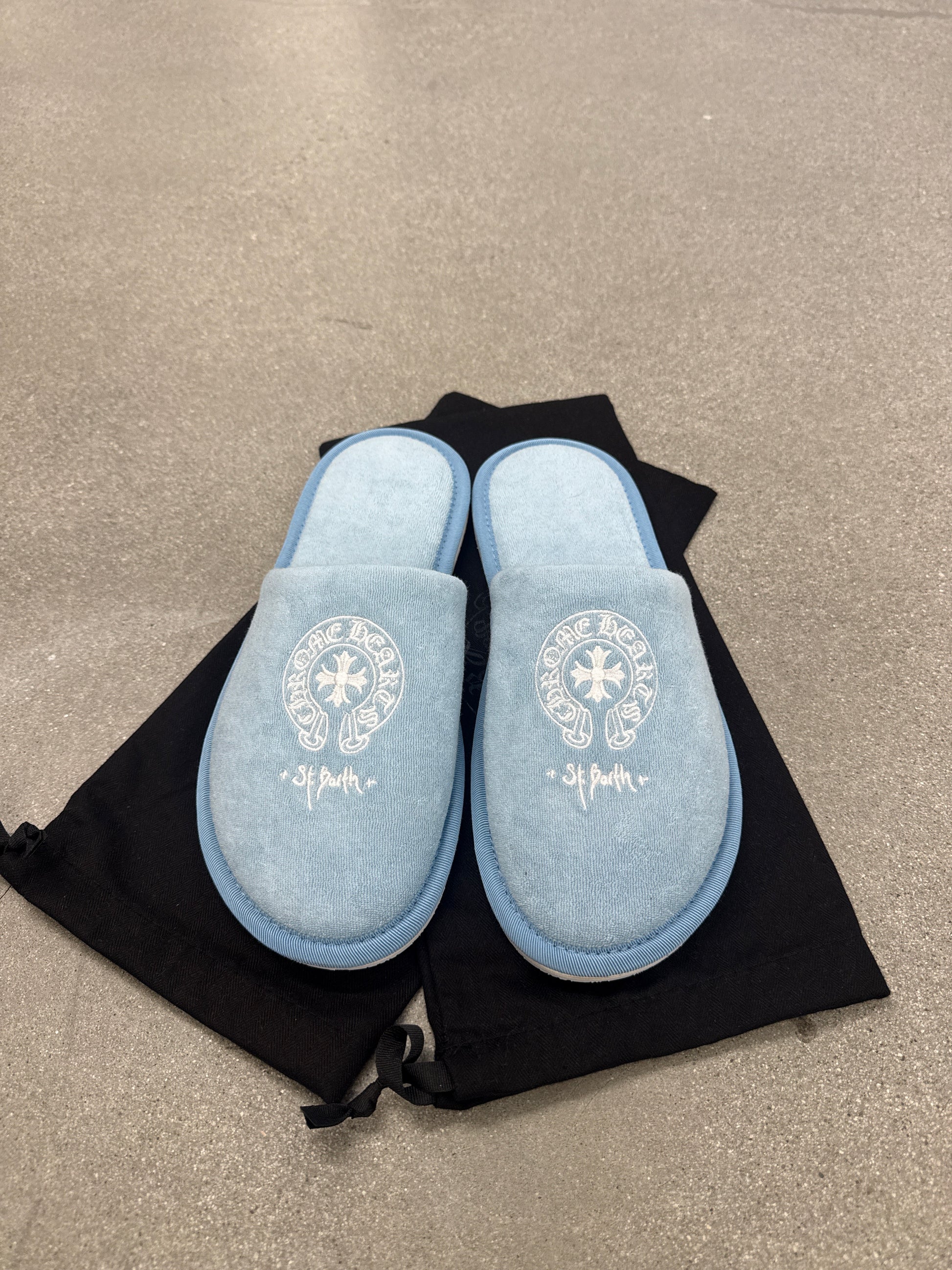 Chrome Hearts St Barths exclusive light blue terry house slippers with white horseshoe logo and dust bag