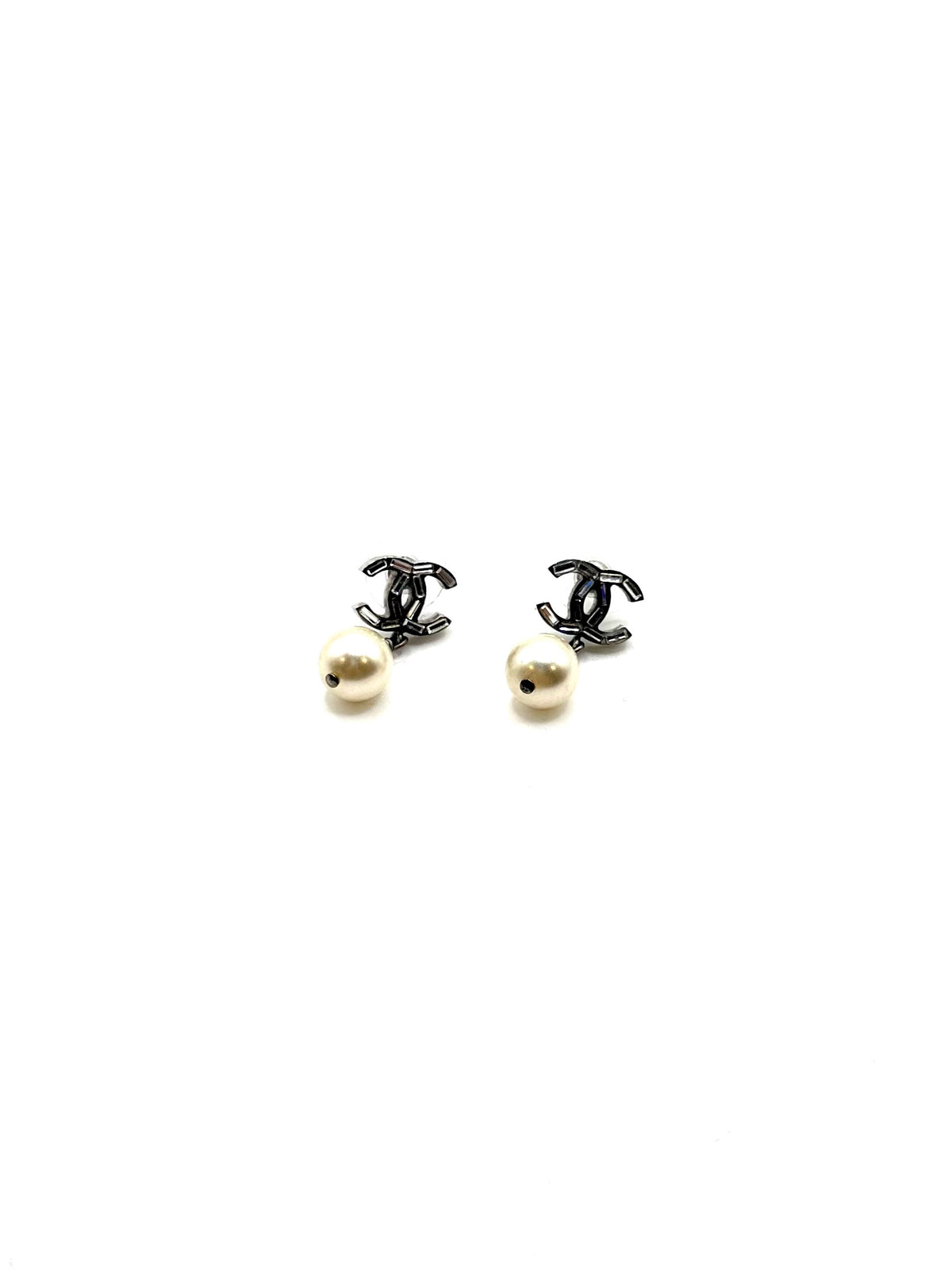 Chanel Silver Pearl CC Logo Earrings