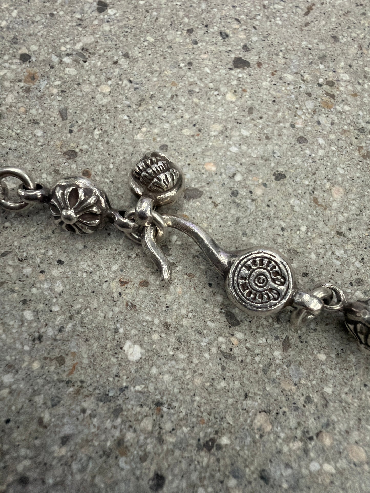 Chrome Hearts sterling silver multi cross ball chain necklace laid flat showing full length