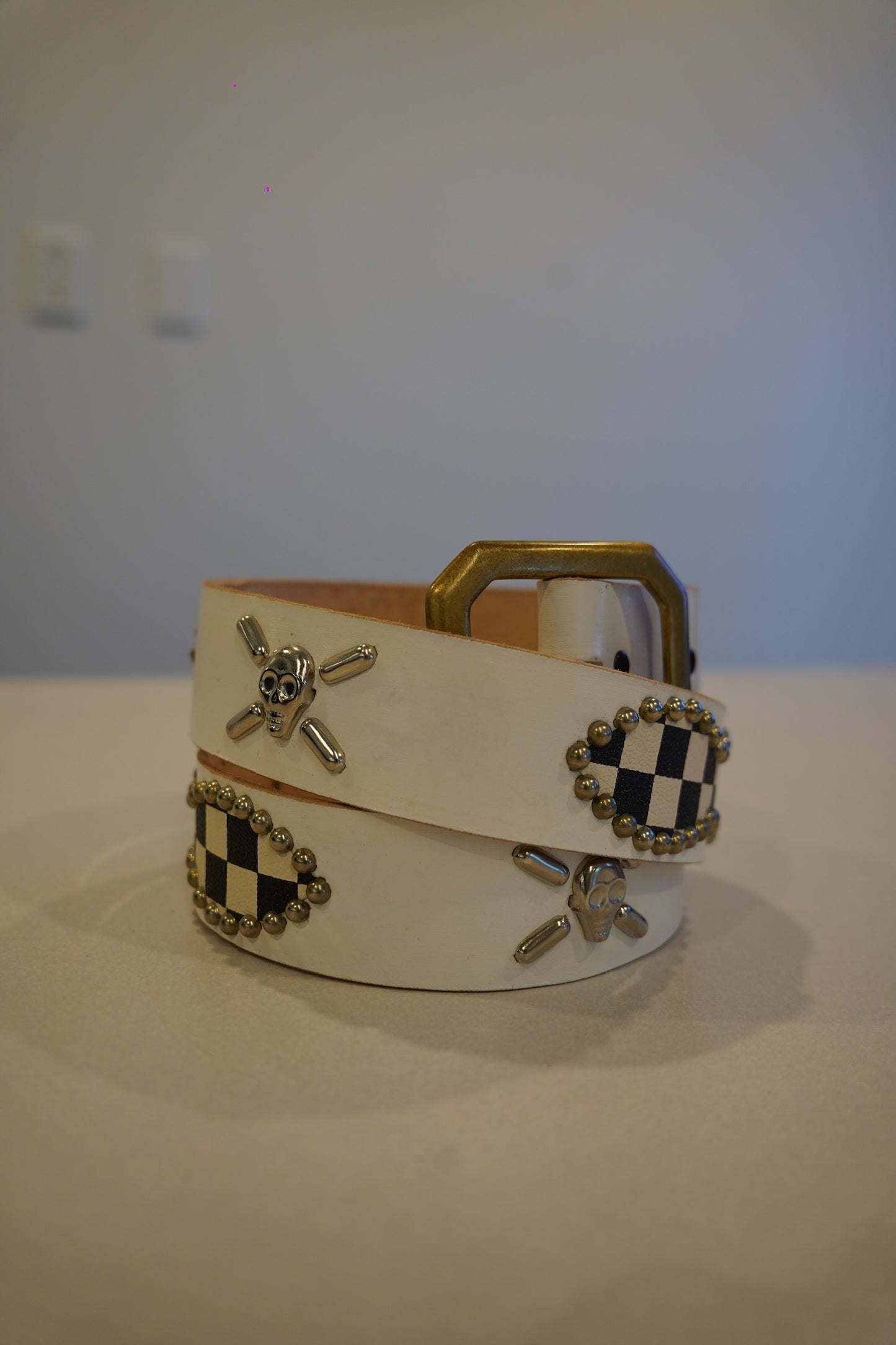 Vintage White Checkered Studded Leather Belt