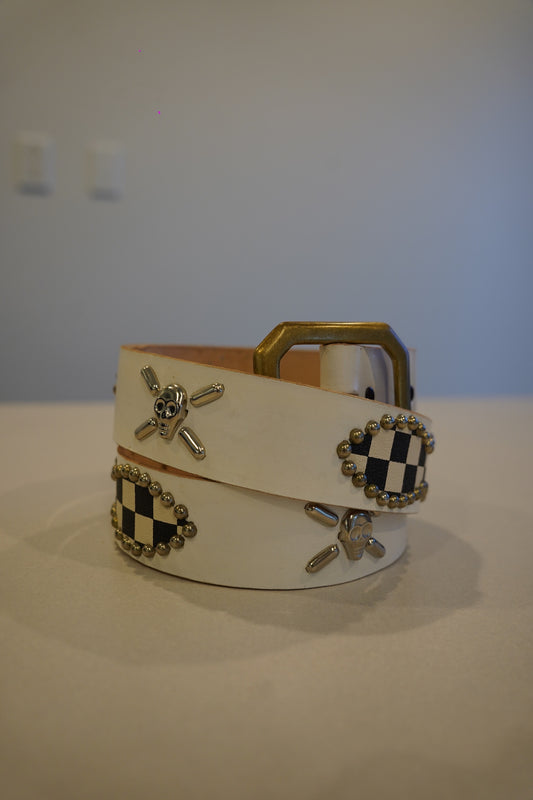 Vintage White Checkered Studded Leather Belt