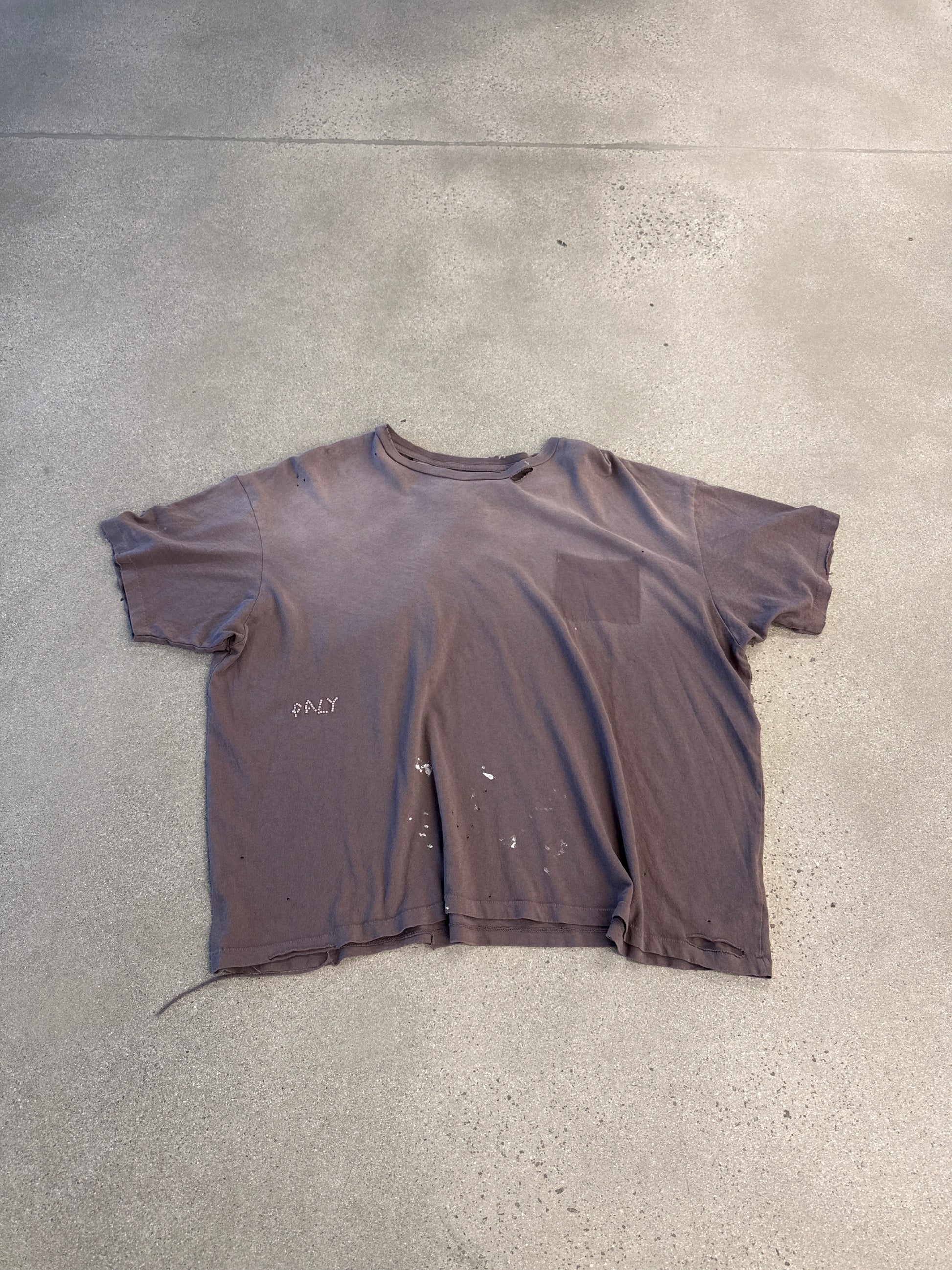 Paly Hollywood faded brown oversized tee with small beaded Paly logo on chest and distressed raw edges