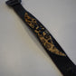 Vintage black winged cheetah print studded leather belt flat view, animal pattern and silver studs