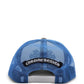 Back view of Chrome Hearts blue mesh trucker hat with black gothic logo strap and snapback closure.