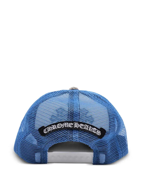 Back view of Chrome Hearts blue mesh trucker hat with black gothic logo strap and snapback closure.