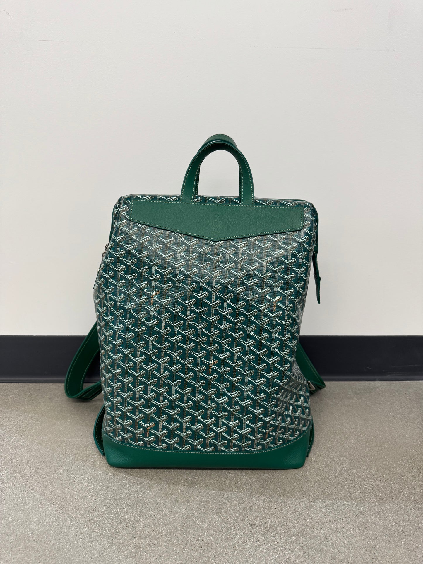 Goyard Cisalpin backpack in green Goyardine canvas with chevron print, green leather trim and top handle.