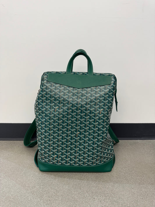 Goyard Cisalpin backpack in green Goyardine canvas with chevron print, green leather trim and top handle.