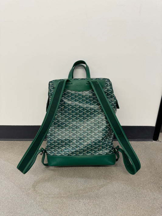Goyard green Cisalpin backpack back view, padded shoulder straps over signature green Goyardine chevron canvas.