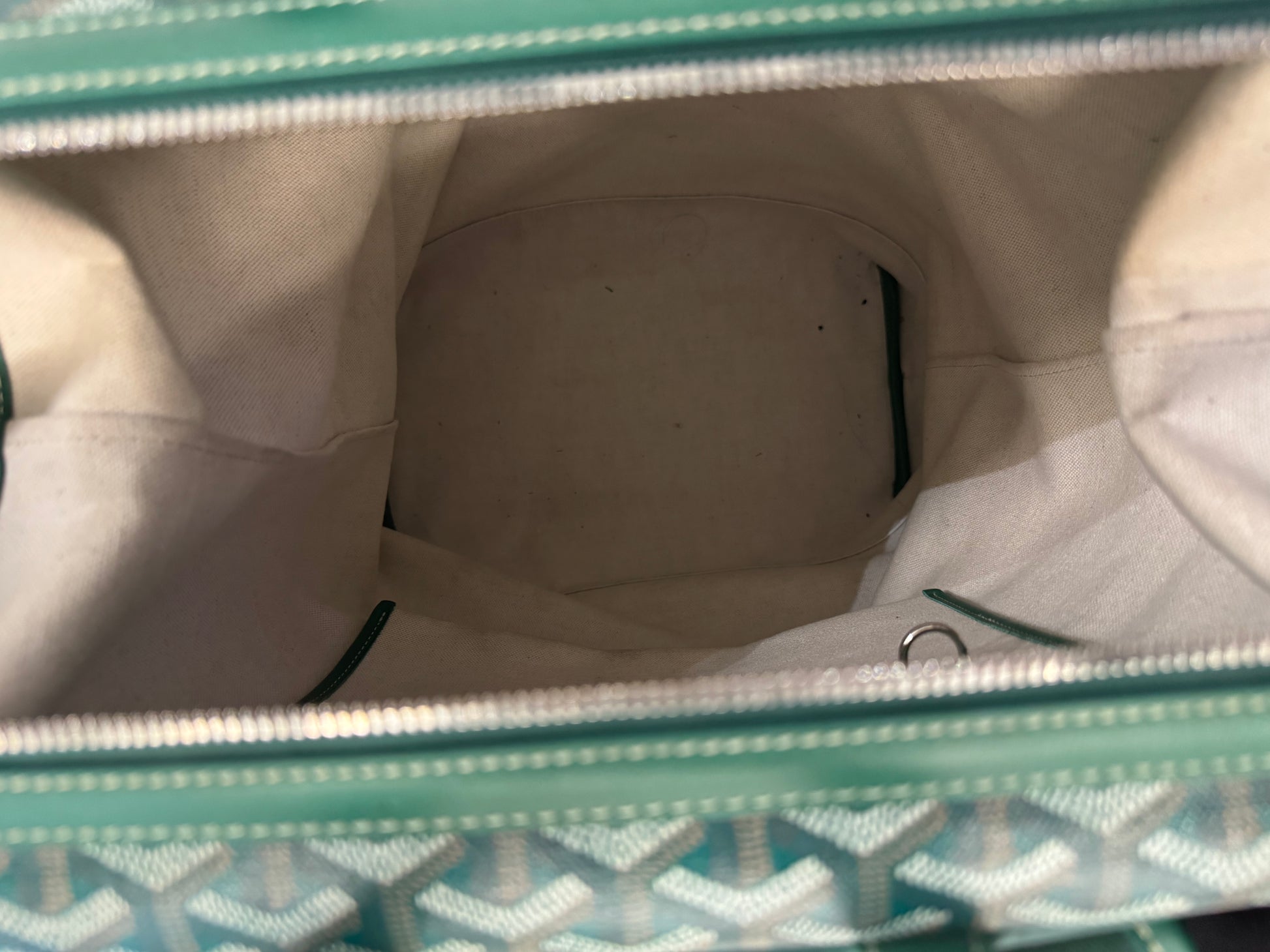 Goyard Cisalpin backpack interior, white canvas lining trimmed with green Goyardine chevron edging.