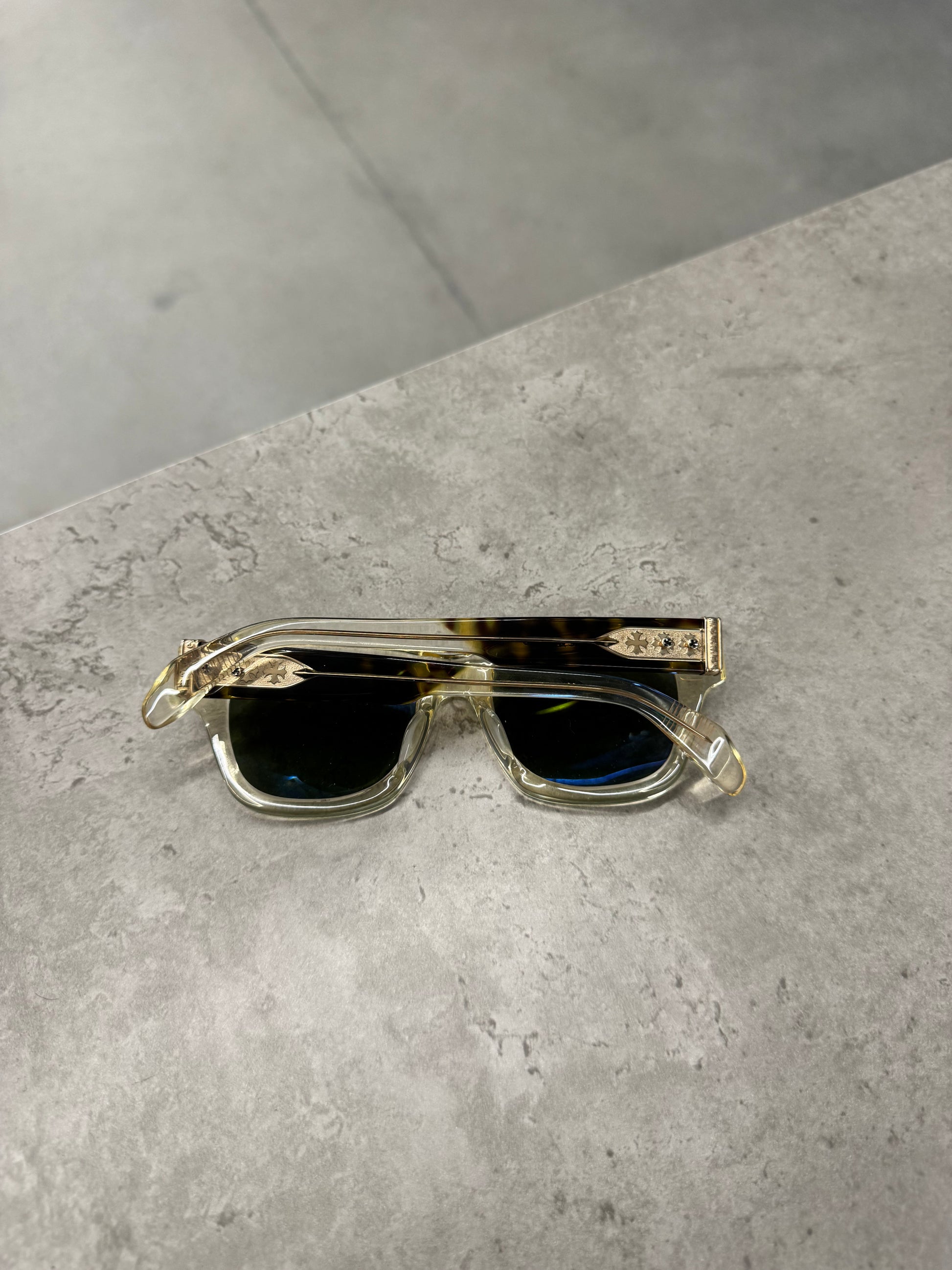 Chrome Hearts Dick Fitzener sunglasses folded showing tortoise temples and engraved silver hinges