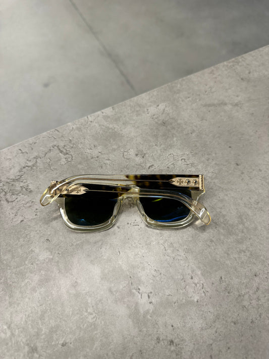 Chrome Hearts Dick Fitzener sunglasses folded showing tortoise temples and engraved silver hinges