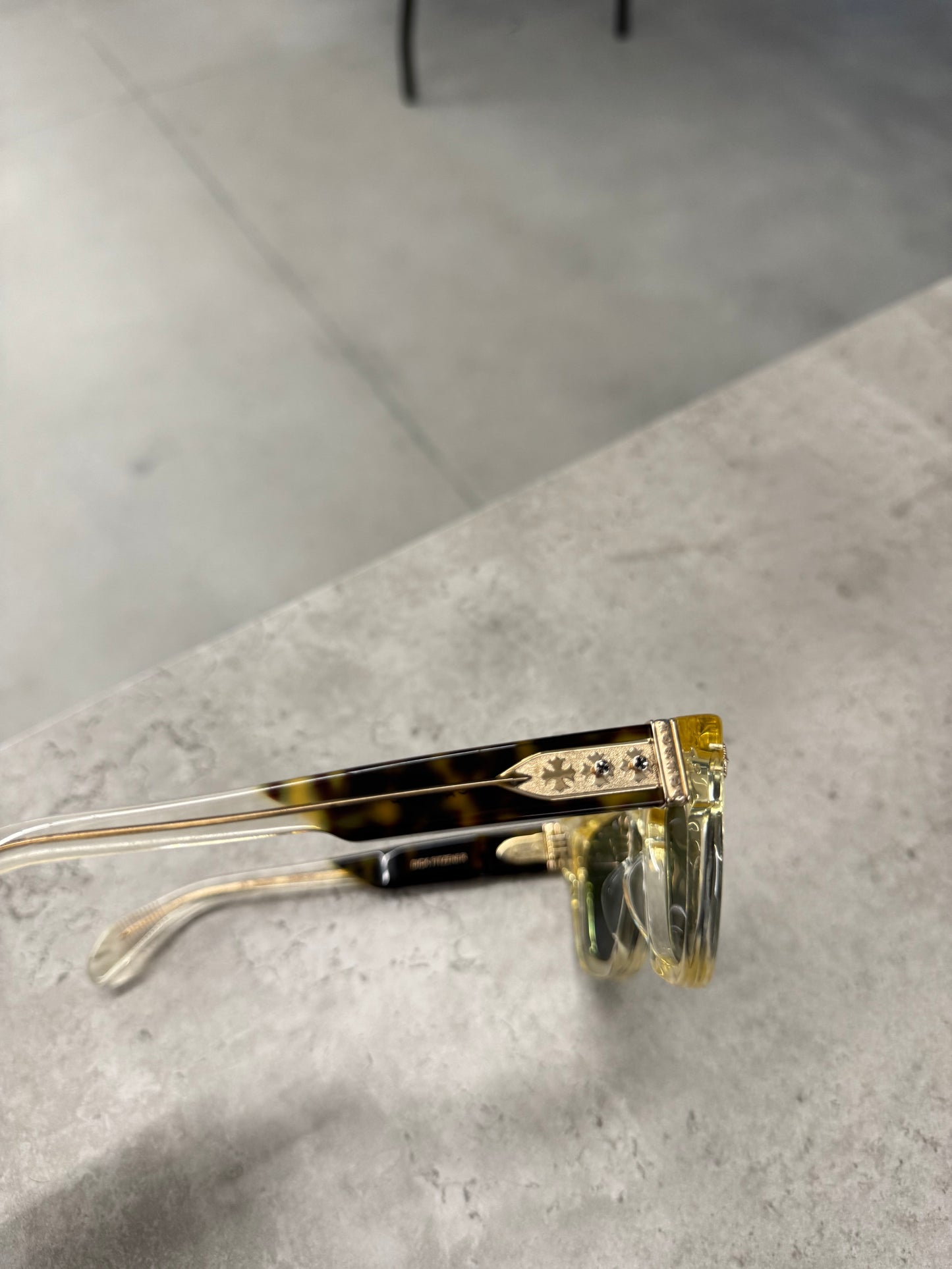 Chrome Hearts Dick Fitzener sunglasses side profile with tortoise temple cross-engraved silver plate