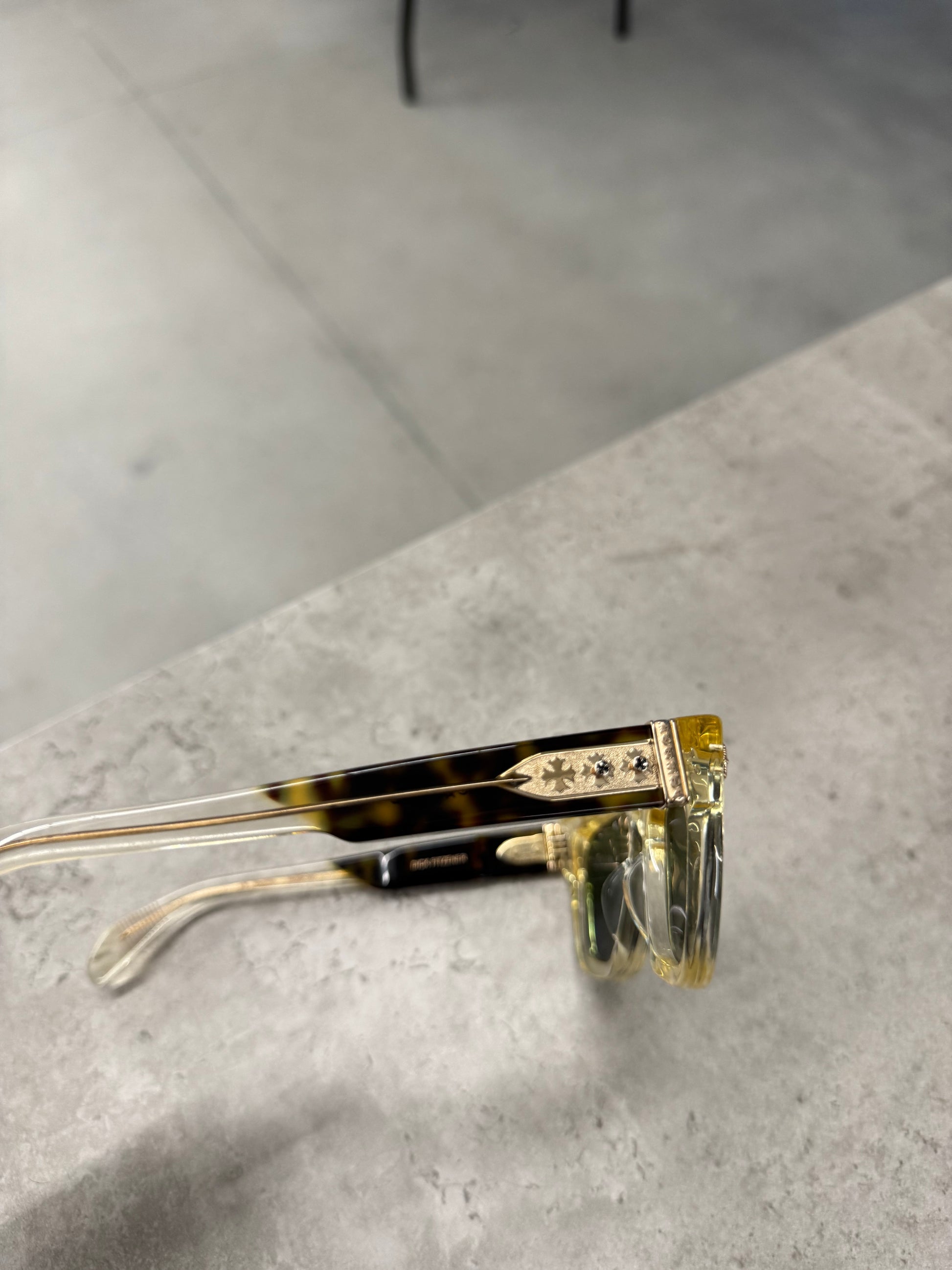 Chrome Hearts Dick Fitzener sunglasses side profile with tortoise temple cross-engraved silver plate