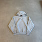 Supreme heather gray pullover hoodie front view with kangaroo pocket and red box logo tag at neck