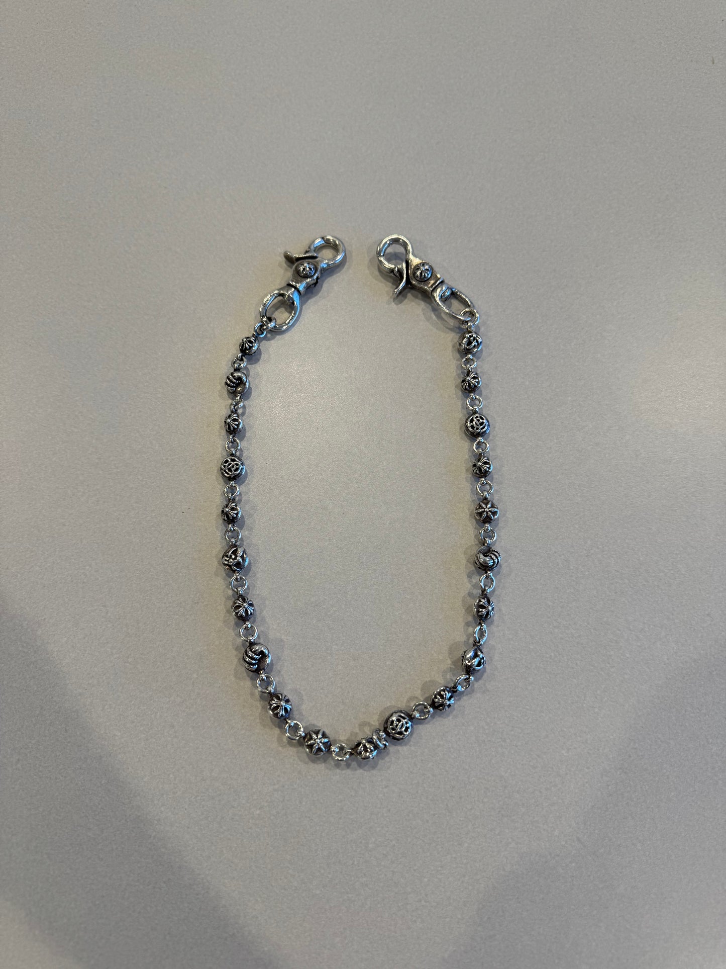 Chrome Hearts 24 inch sterling silver multi motif cross ball wallet chain with double lobster clasps