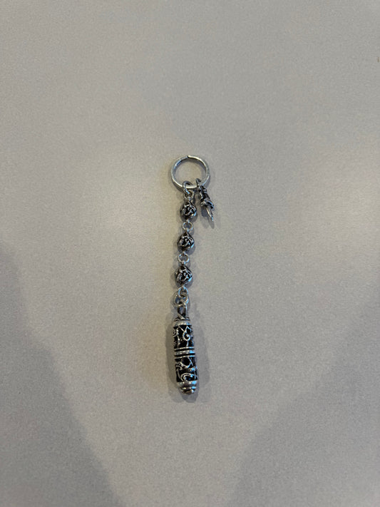 Chrome Hearts Celtic roller ball dagger key ring with silver bead chain, dagger charm and engraved capsule