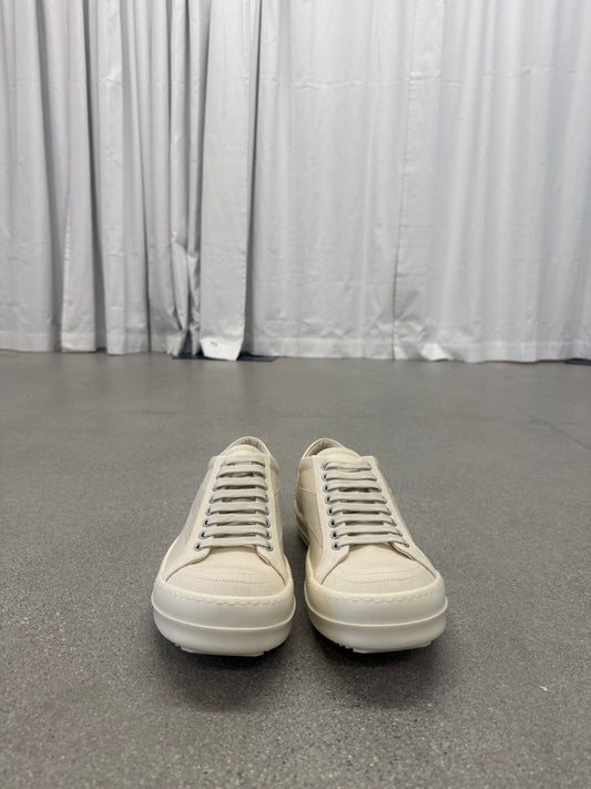 Rick Owens DRKSHDW milk vintage sneakers front view showing tonal lacing and rounded leather toe box