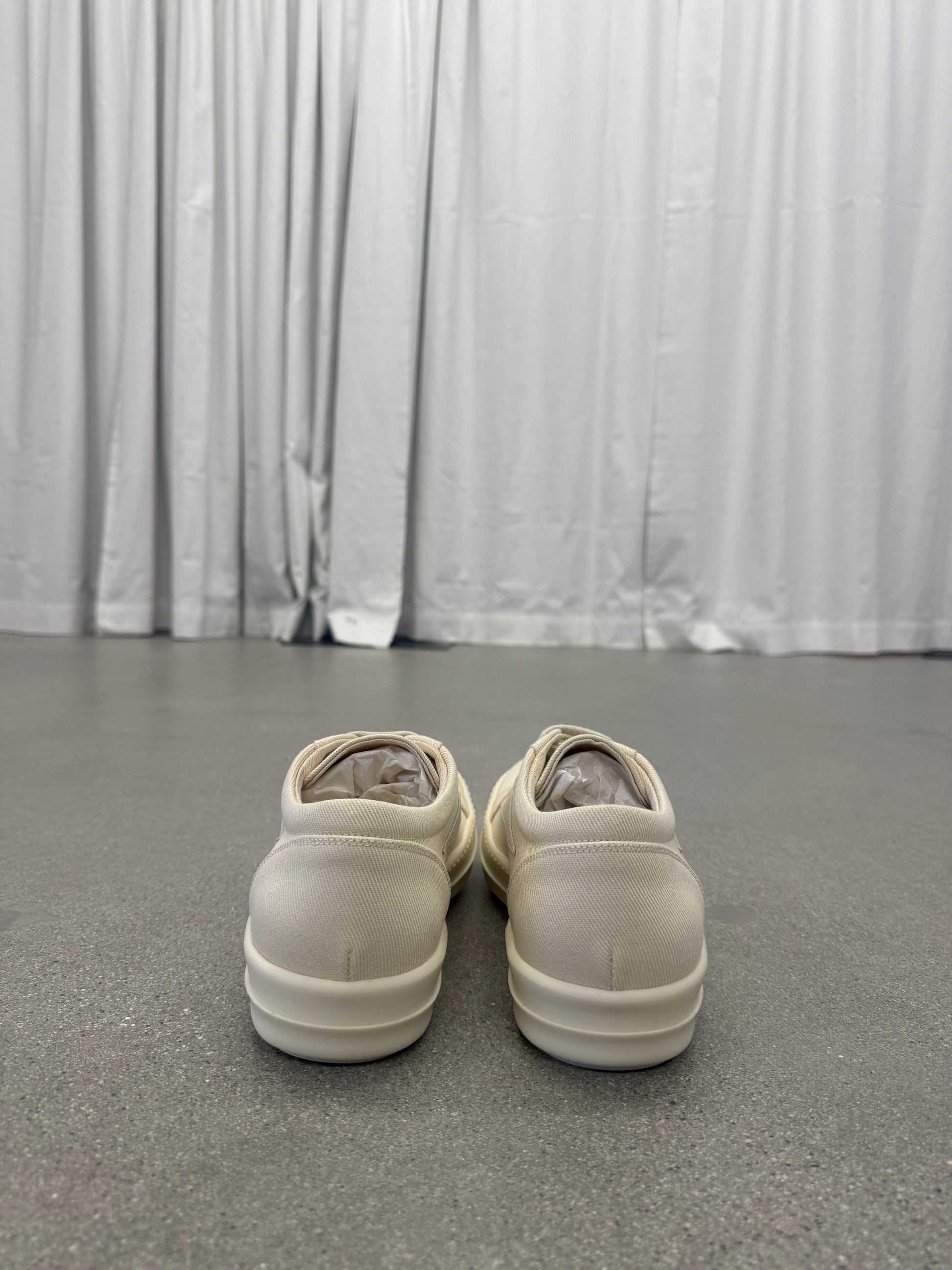 Rick Owens DRKSHDW milk vintage sneakers rear view with padded leather heel collars
