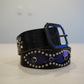 Vintage black leather belt coiled with purple ponyhair studded oval inlay and black square buckle