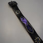 Vintage black leather belt full length with purple ponyhair stud oval, floral conchos and matte black buckle