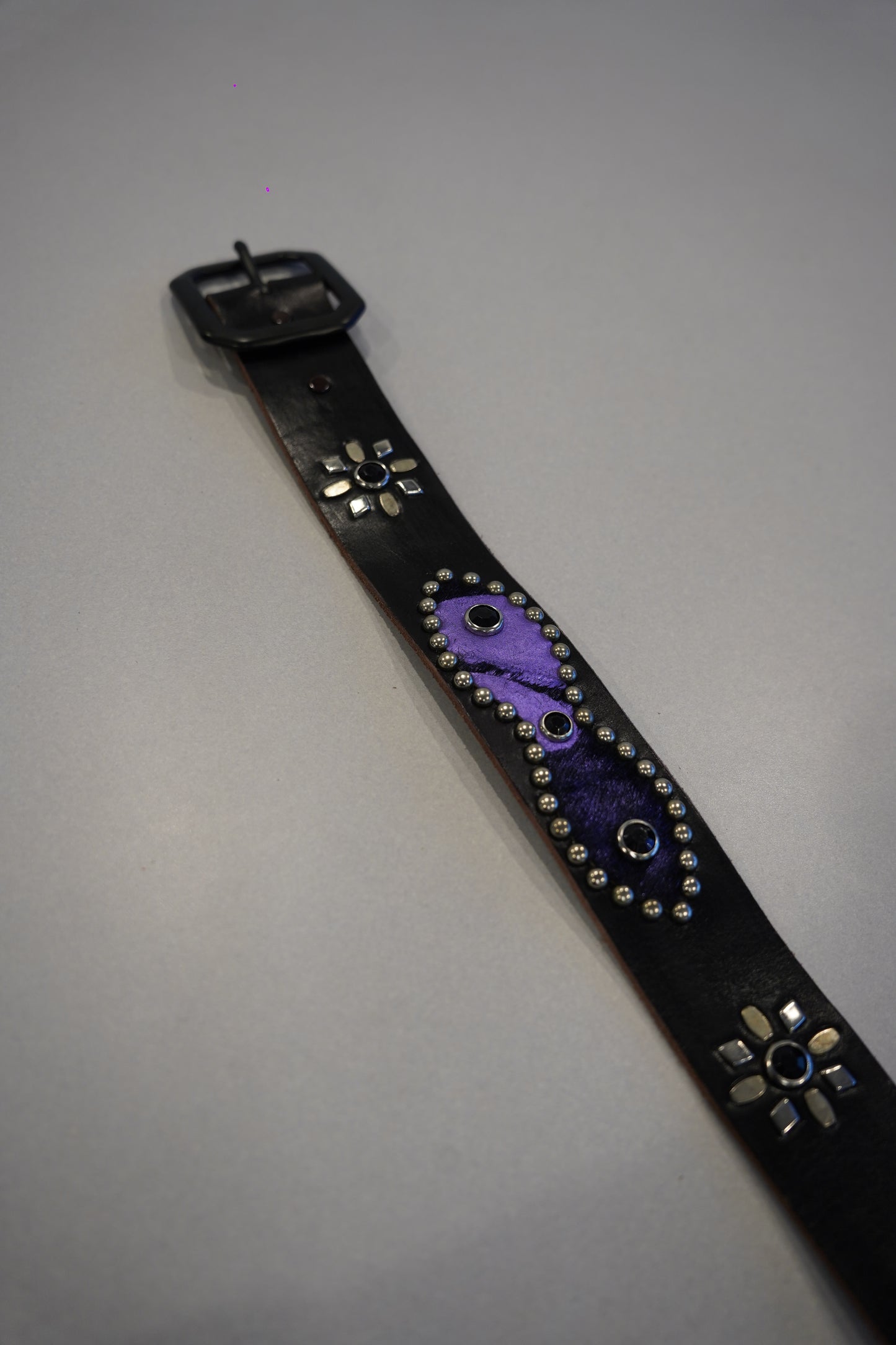 Vintage black leather belt full length with purple ponyhair stud oval, floral conchos and matte black buckle