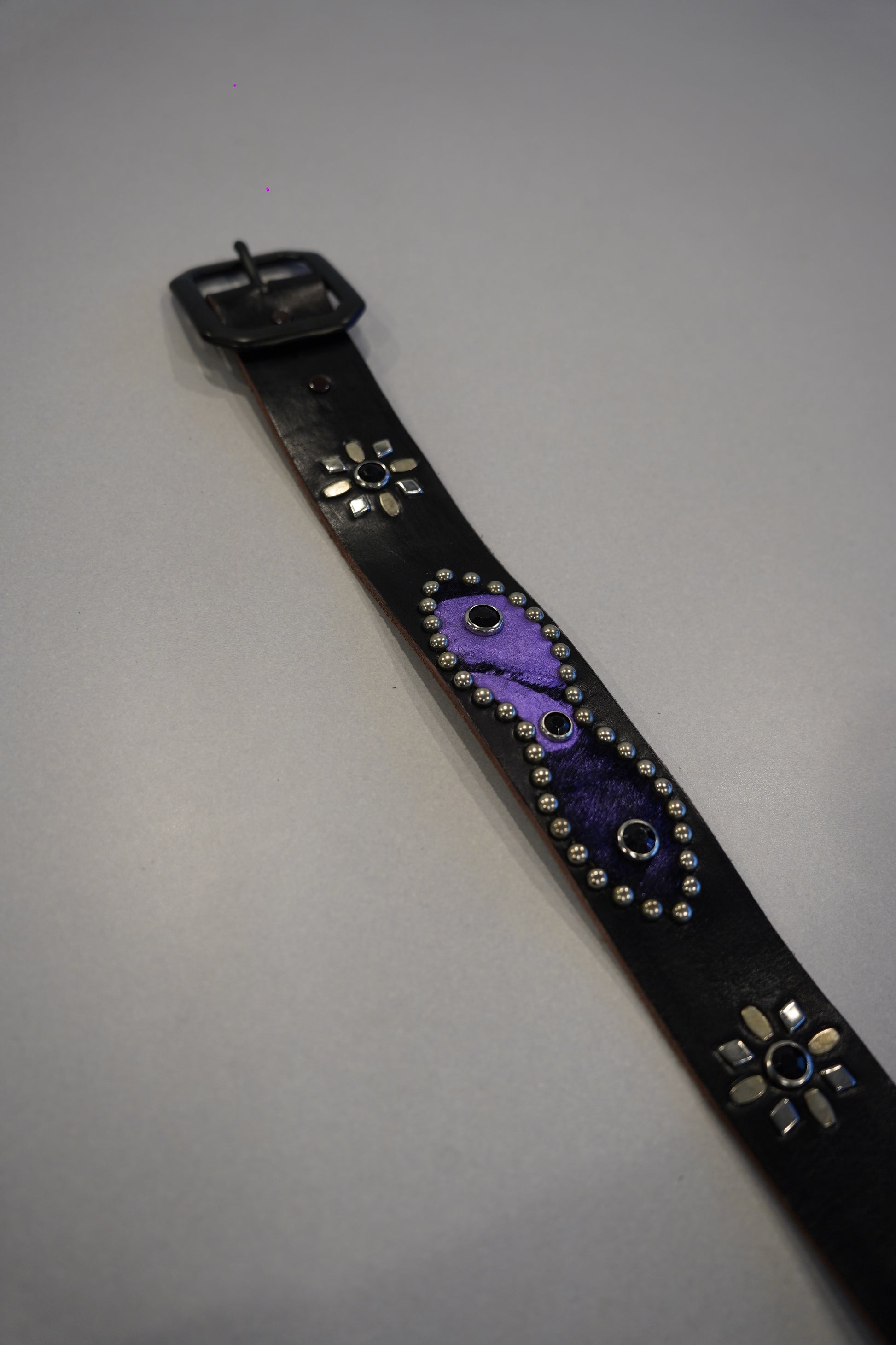 Vintage black leather belt full length with purple ponyhair stud oval, floral conchos and matte black buckle