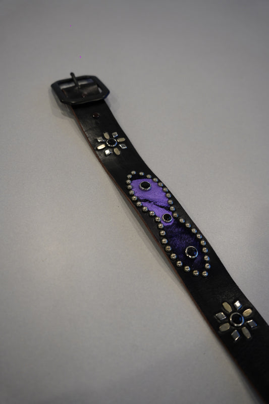 Vintage black leather belt full length with purple ponyhair stud oval, floral conchos and matte black buckle