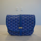Goyard Belvedere PM blue chevron monogram shoulder bag front with leather trim, top flap and brass plaque.
