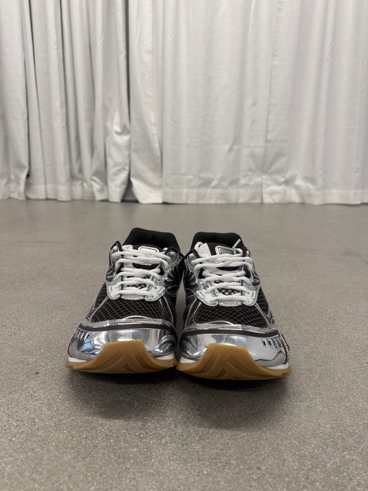 Bottega Veneta Orbit brown sneakers front view with white laces, mesh tongue and chrome silver detailing