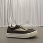 Rick Owens DRKSHDW dust brown low-top sneaker side profile with cream toe cap and chunky white sole