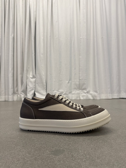 Rick Owens DRKSHDW dust brown low-top sneaker side profile with cream toe cap and chunky white sole